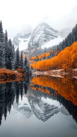 Snowcapped peaks with orange forest mirrored in lake.