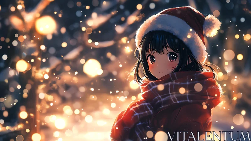 Festive winter girl framed by glowing snow bokeh lights.