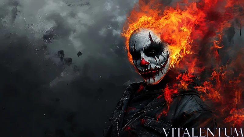 Flaming clown skull emerges from smoke in ominous darkness