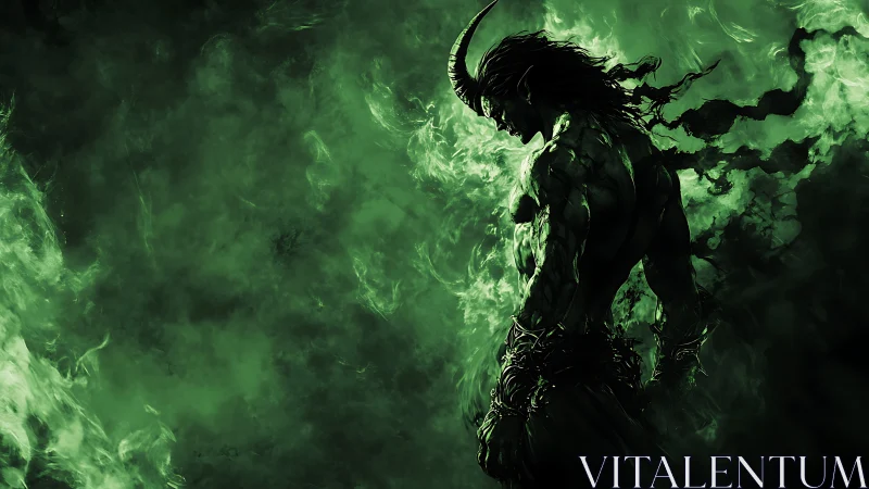 Horned demon warrior emerges through swirling green fire.