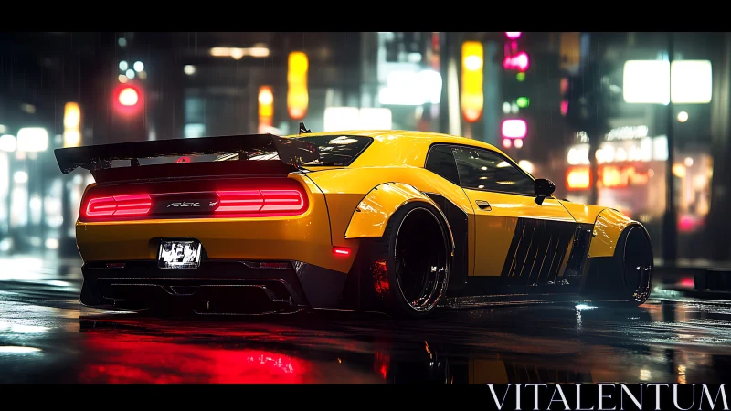 Yellow muscle car glows against neon city streets in rain