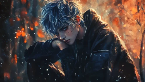 Moody silver-haired boy resting in a glowing autumn haze.