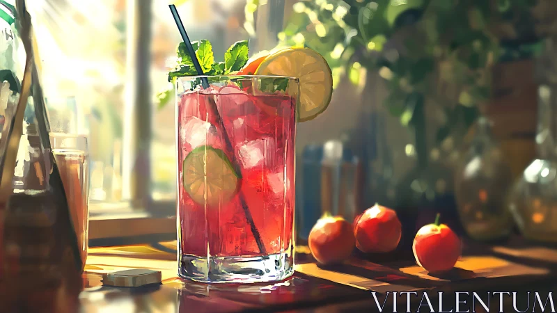 Refreshing Cocktail with Citrus Garnish and Mint in Sunlit Garden Setting.