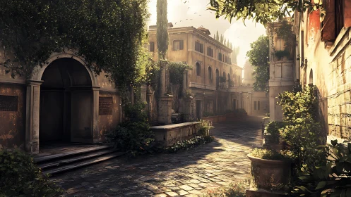 Sunlit Italian courtyard with high-detail 3D architectural rendering