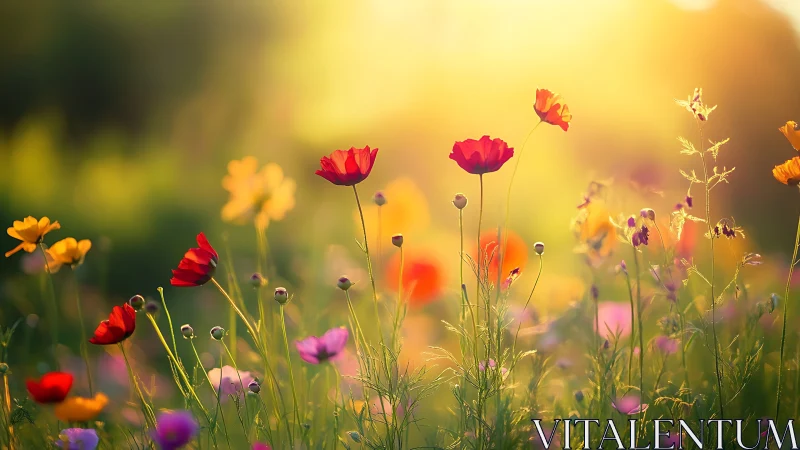 Wildflower meadow with red orange and pink blooms in soft light