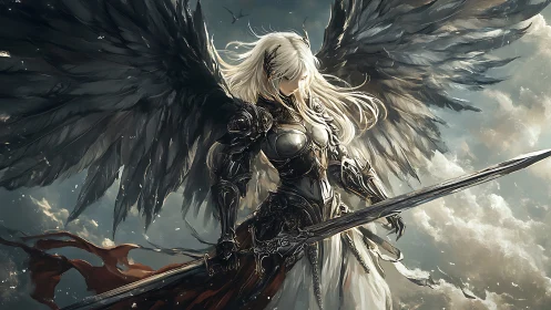 Winged warrior in ornate armor amid stormlit heavens.