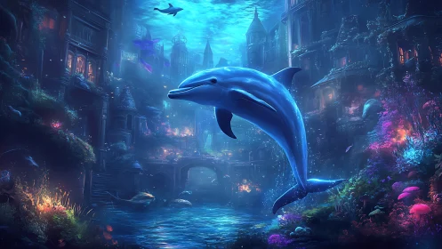 Bioluminescent dolphin glides through ornate submerged cityscape