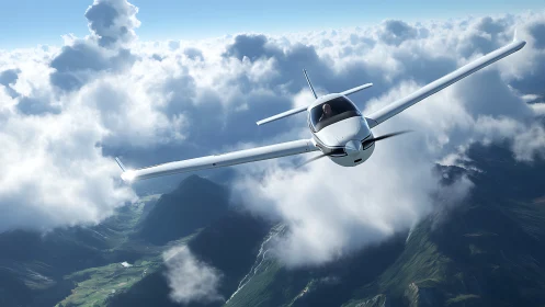 Sleek white propeller airplane cuts through bright mountain clouds
