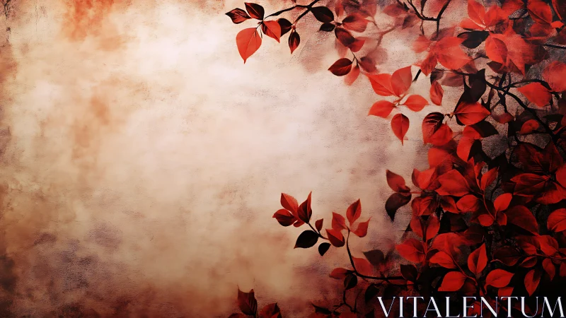 Red foliage border against textured beige background.