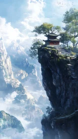 Solitary mountain temple overlooks a vast, cloudlit valley