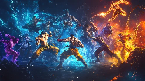 Martial artists clash in elemental blue and orange energy field