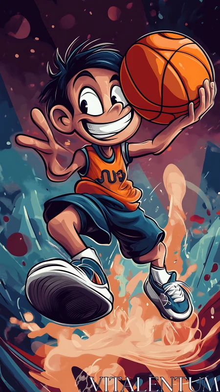 Cartoon kid jumps high holding basketball in bold colors.