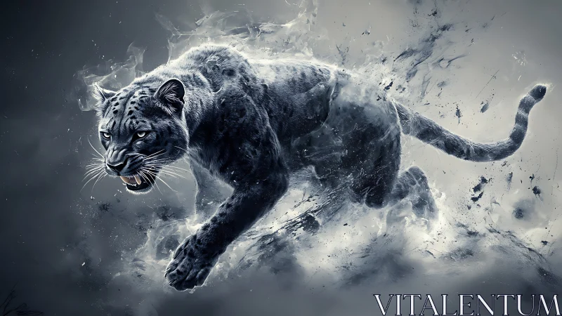 Ethereal Black Panther Emerging Through Explosive Particle Dissolution.