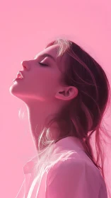 Side profile portrait shows woman in pink monochrome light
