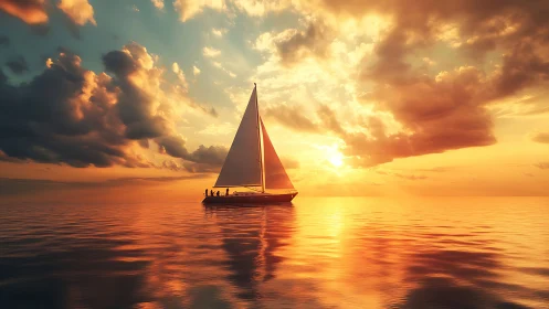Sailboat crosses calm sea under intense golden sunset sky.