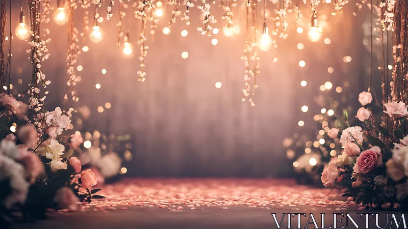 Petal-lit aisle under dreamy hanging bulbs and blossoms.