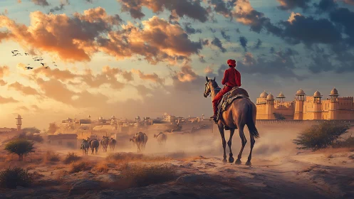 Horse rider in red observes dusty caravan near desert fort