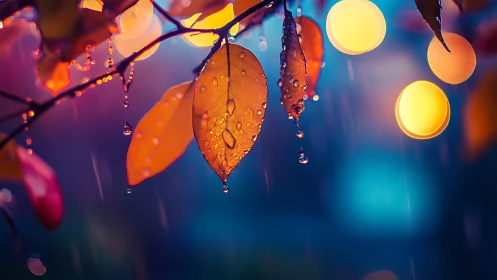 Rainlit autumn leaves humming against neon city glow.