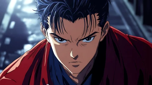 Intense anime hero stares forward with determined focus