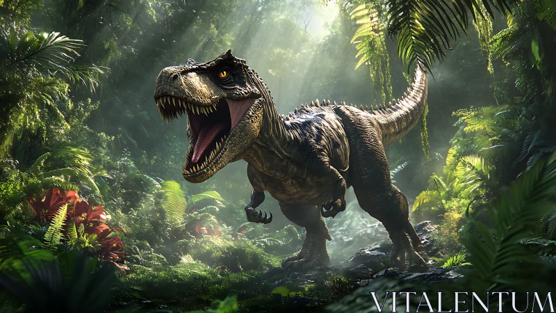 Tyrannosaurus rex roars while striding through dense jungle