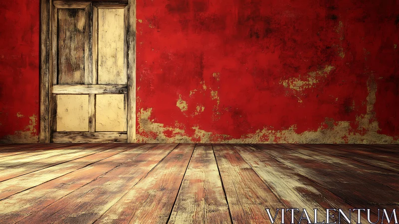 Weatherworn wooden doorway against a scarlet peeling wall.