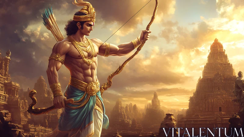 Mythic archer stands before detailed temple city at sunrise