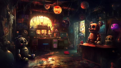 Rusty animatronic workshop under eerie neon sunset glow.