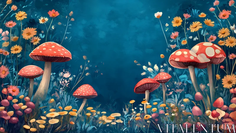 Enchanted forest mushrooms under deep blue twilight sky