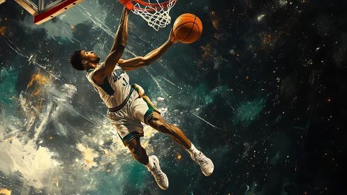 Cosmic court soarer slams a burning comet of orange light.