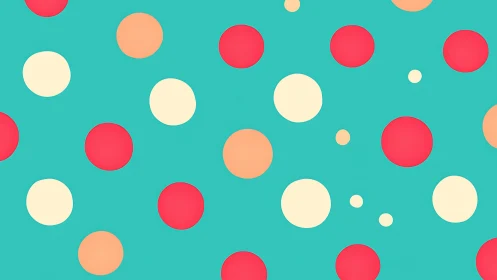 Polka dot pattern with red, cream and peach circles on teal.