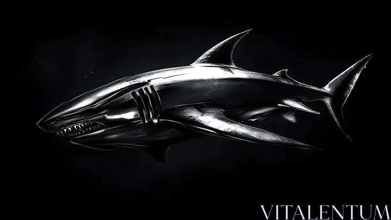 Cybernetic chrome shark glides through a void of darkness.