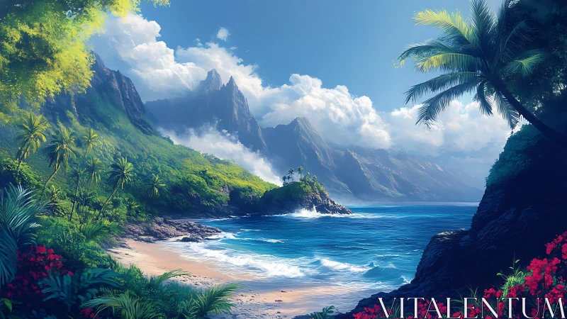 Tropical Paradise Beach Cove With Mountain Peaks