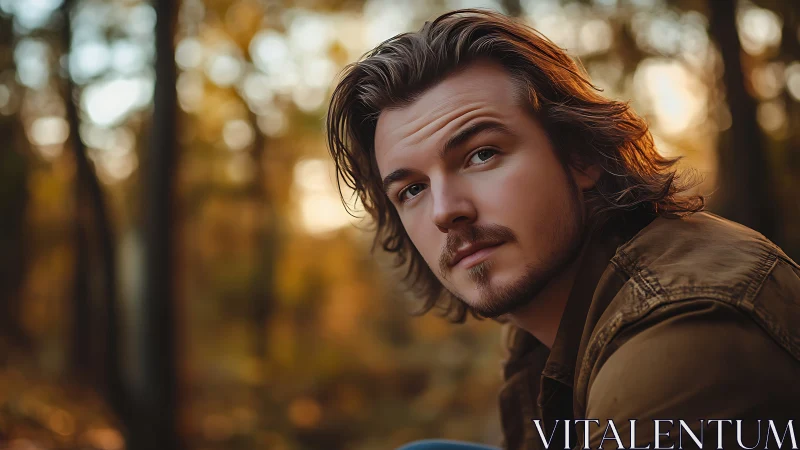 Portrait of young man in autumn forest light at dusk.
