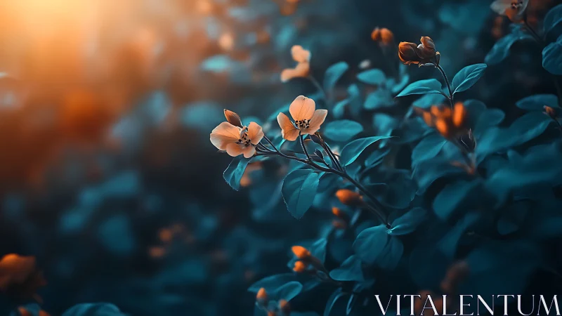 Twilight blossoms quietly negotiate between teal and gold light