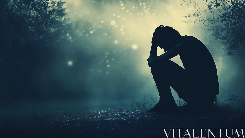 Quiet night solace with a reflective silhouette in misty light.