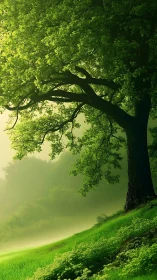 Ancient tree with luminous canopy casting shadow on misty green field