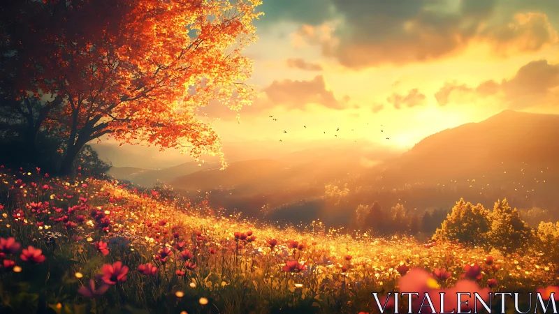 Digital painting of luminous autumn meadow at golden hour.