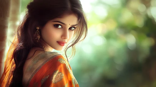 Portrait of woman in orange sari with soft bokeh background.