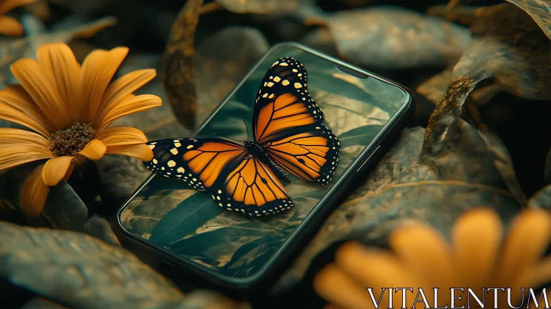 Monarch butterfly rests on smartphone among flowers.