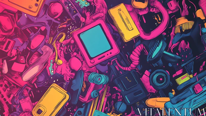 Neon retro gadgets collide in dense digital chaos.