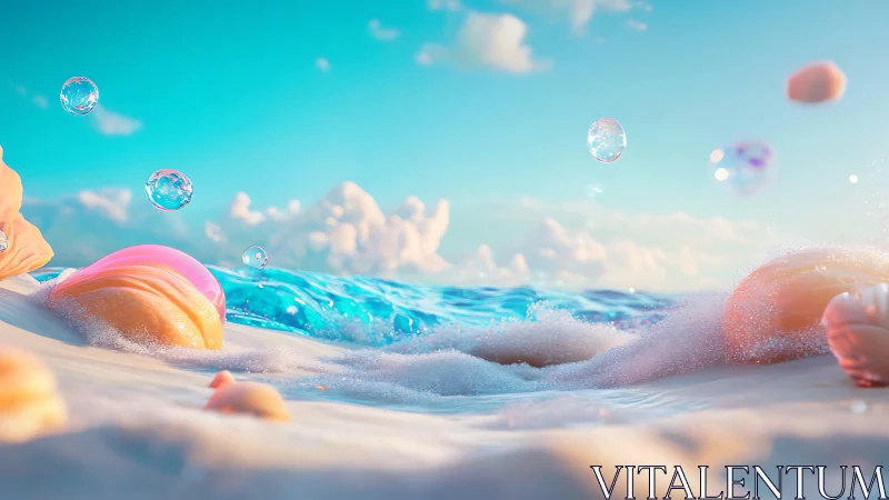 Colorful stylized seashells on bright foamy shoreline.