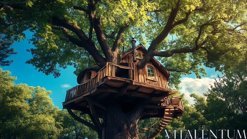 Elevated wooden treehouse structure set within dense canopy