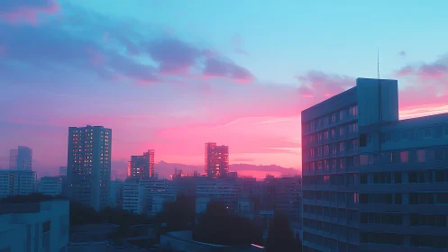 Dreamy neon sunset drifting over calm city towers.