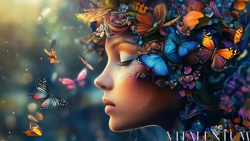 Dreaming garden girl crowned in luminous butterfly bloom.