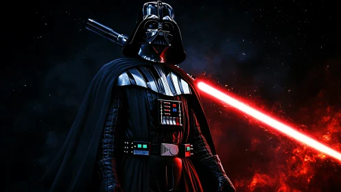 Armored sci‑fi figure with red energy blade in deep space