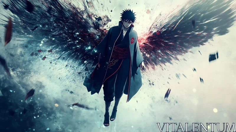 Moody anime hero rising with dark, shattered wings.