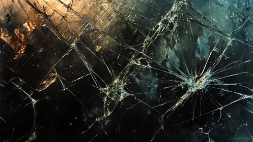 Close-up of shattered glass with dramatic lighting, abstract style.