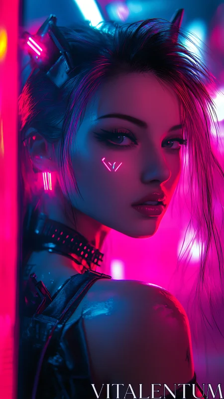 Neon cyberpunk femme cyborg portrait in magenta blue key light