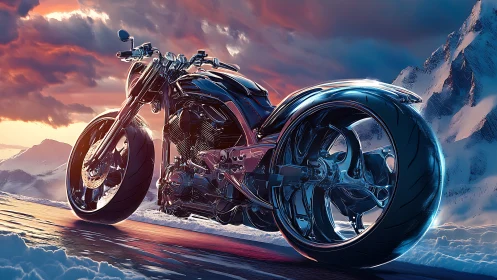 Chrome dream motorcycle cruising through painted snow peaks.