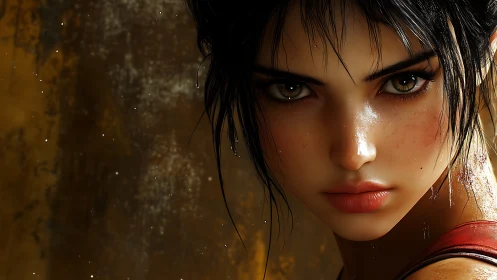 Hyperreal portrait of intense woman with wet skin and grit